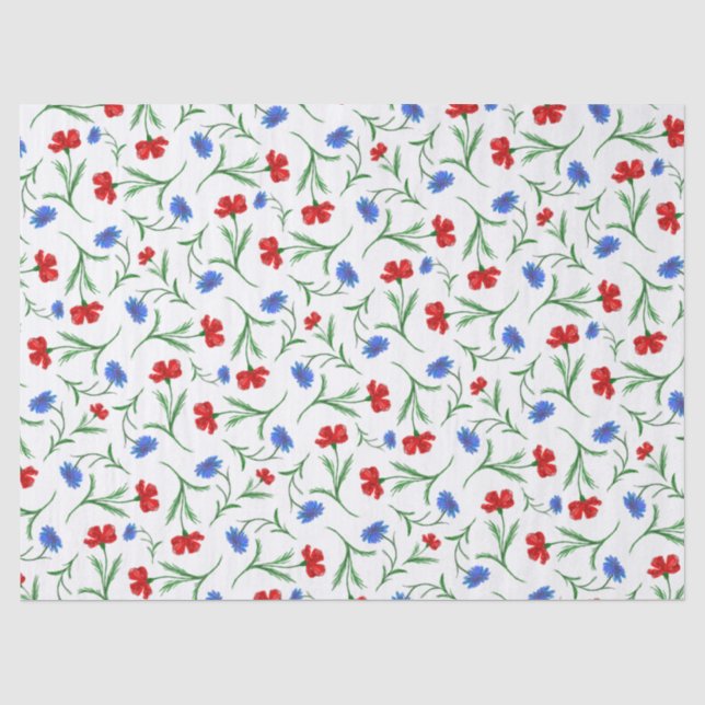 Red White Blue Floral Pattern Elegant Wildflowers Tissue Paper (Front)