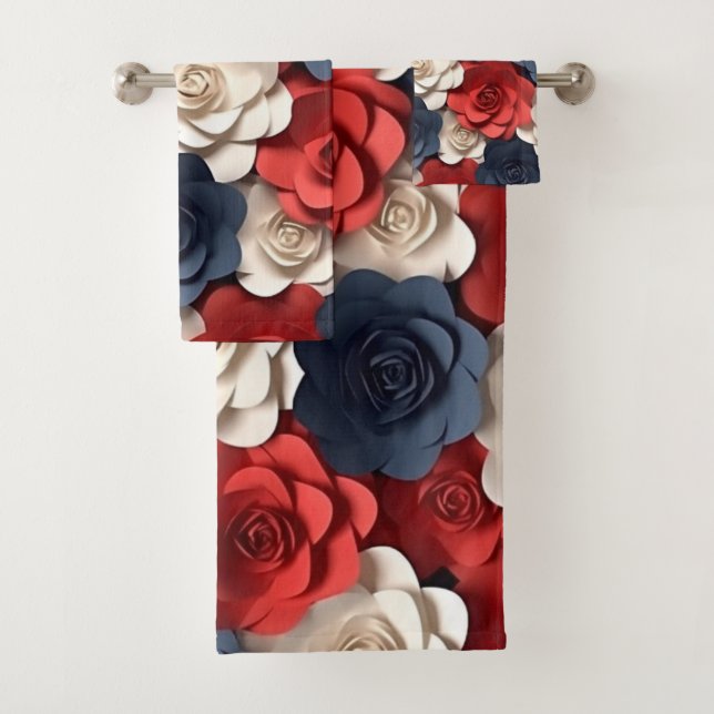 Red White Blue Floral Pattern Flower Garden Bath Bath Towel Set (Insitu)