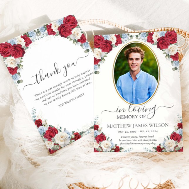 Red White Blue Floral Photo Funeral Memorial Thank You Card (Creator Uploaded)