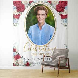 Red White Blue Floral Picture Funeral Memorial Tapestry