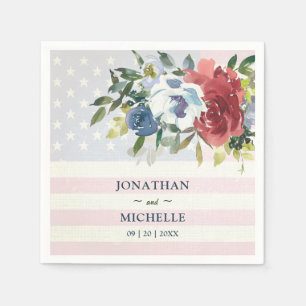 Red White Blue Floral USA Flag Watercolor Wedding Napkin