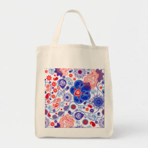 RED, WHITE, BLUE FLOWER DESIGNER SHOPPING TOTE BAG