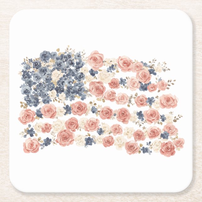 Red White Blue Flowers Square Paper Coaster (Front)