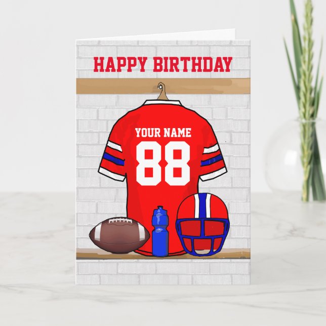 Red White Blue Football Jersey Happy Birthday Card (Front)