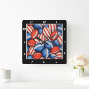 Red White Blue Football Square Wall Clock