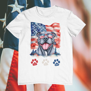 Red White Blue Funny Gray Pitbull Dog 4th of July T-Shirt