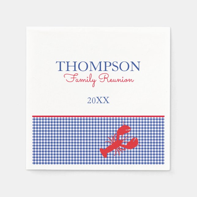 Red White Blue Gingham Preppy Lobster Custom Text Napkin (Front)