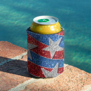 Red White Blue Glitter American Flag Stars Stripes Can Cooler