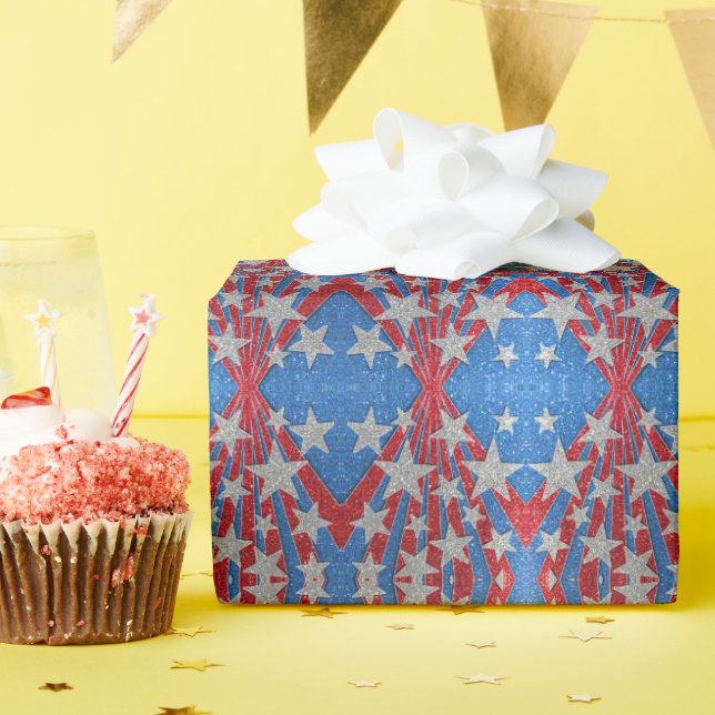 Red White Blue Glitter American Flag Stars Stripes Wrapping Paper (Birthday Party)