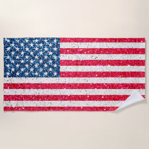 Red White Blue Glitter Patriotic American USA Flag Beach Towel