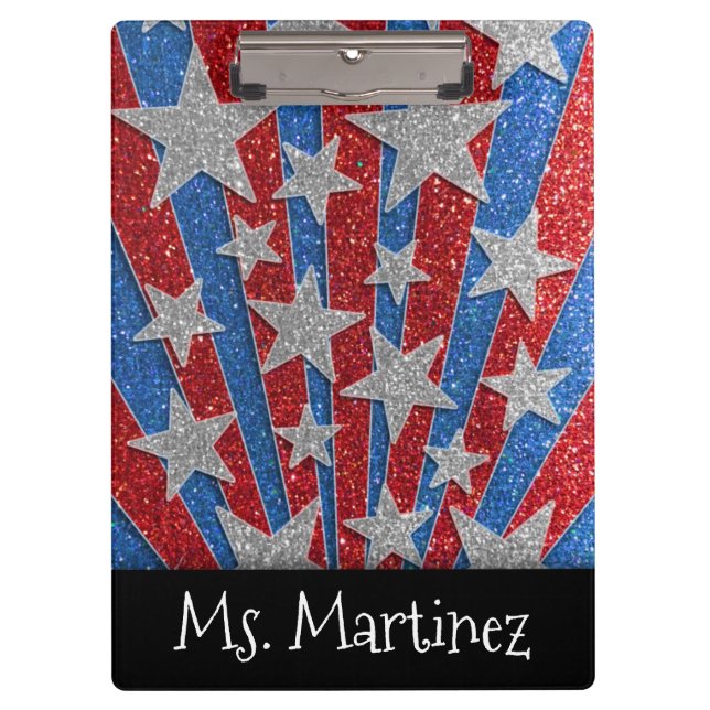 Red White Blue Glitter Teachers Classroom Name Clipboard (Front)
