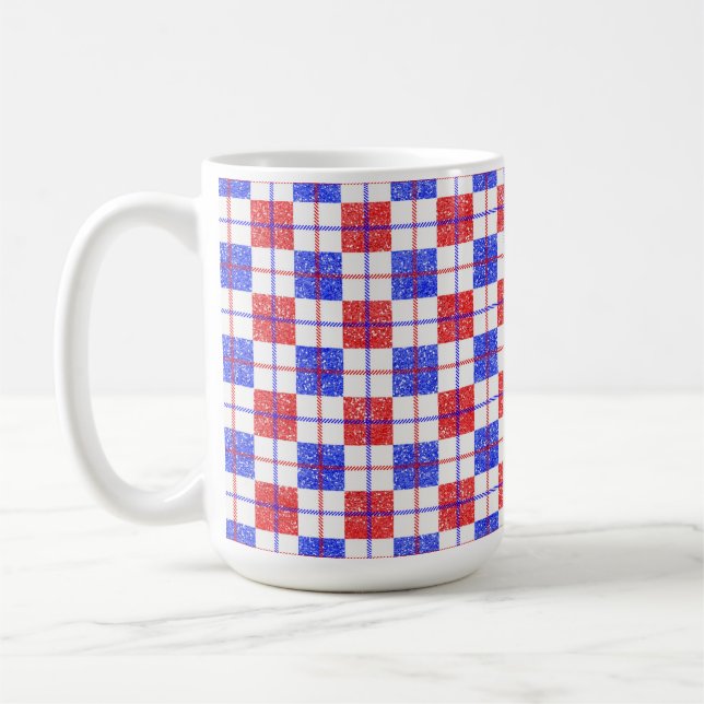 RED WHITE BLUE GLITTERS LOOK PLAID PATTERN COFFEE MUG (Left)