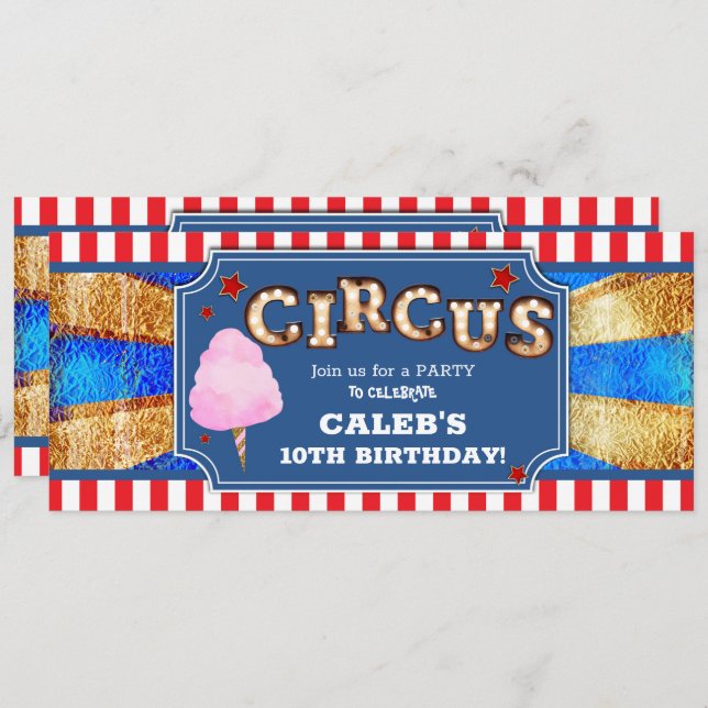 Red White Blue Gold Circus Party Ticket Invitation (Front/Back)