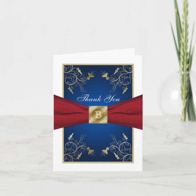 Red, White, Blue, Gold Floral Thank You Note Card (Front)