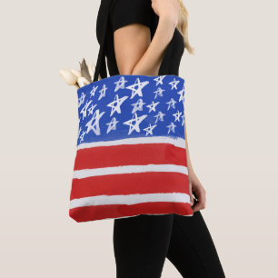 RED WHITE BLUE GOLD PATRIOTIC STARS STRIPES TOTE BAG