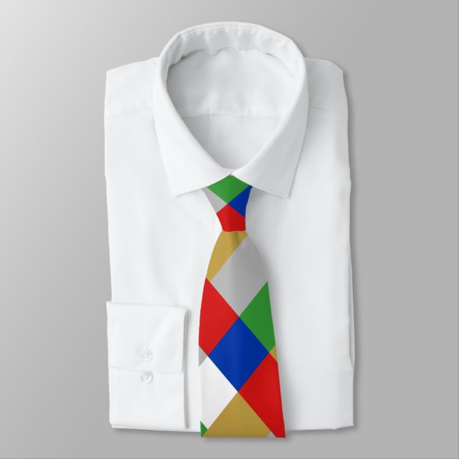 Red White Blue Gold Silver Green Colour Block Prin Tie (Tied)