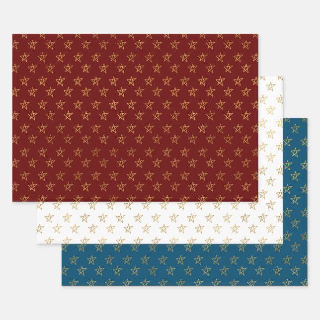 Red White Blue Gold Stars Shine Bright Wrapping Paper Sheet (Set)