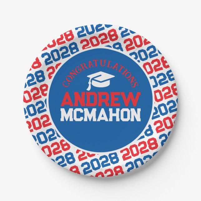 Red, White & Blue Graduation Personalized Paper Plate (Front)