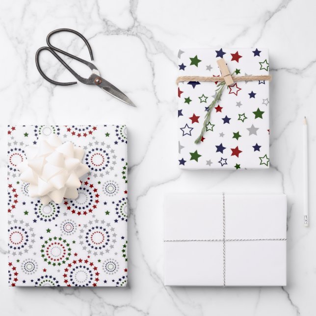 Red White Blue Green Grey Star Circles Wrapping Pa Wrapping Paper Sheet (Front)