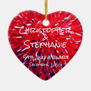 Red White Blue Heart Anniversary Christmas Ceramic Ornament