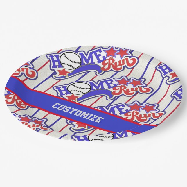 Red White & Blue Home Run Baseball Striped Paper Plate (Angled)