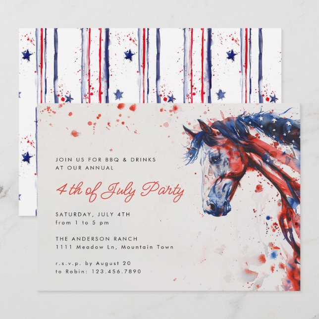 Red White Blue Horse Equestrian 4th of July Party Invitation (Front/Back)