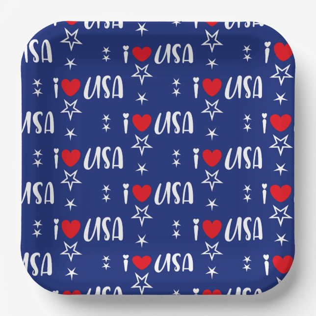RED WHITE BLUE I LOVE USA PATTERN PAPER PLATE (Front)