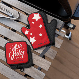Red White Blue Independence Day 4th Of July Oven Mitt & Pot Holder Set