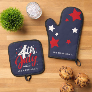 Red White Blue Independence Day 4th Of July Oven Mitt & Pot Holder Set