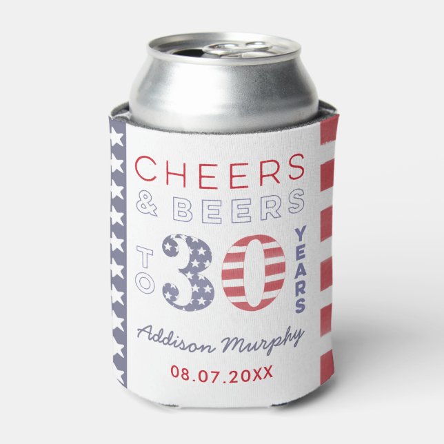 Red White Blue July 4th 30th Birthday Party Favour Can Cooler (Can Front)