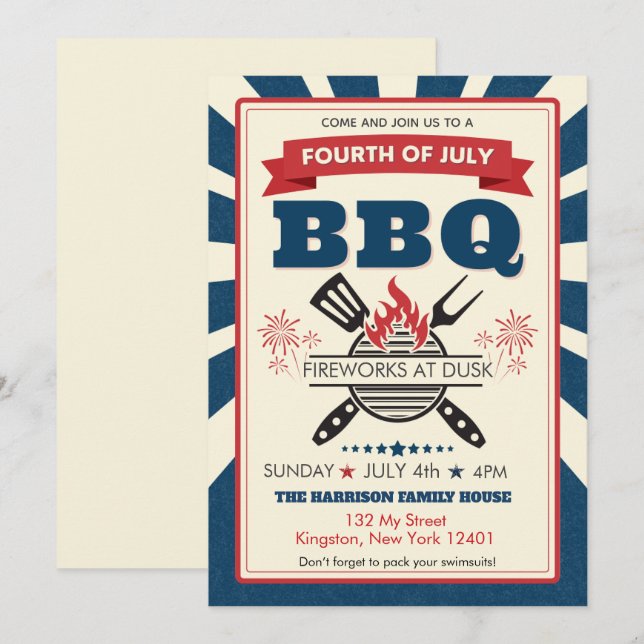 Red White Blue July 4th Party BBQ Celebration Invitation (Front/Back)