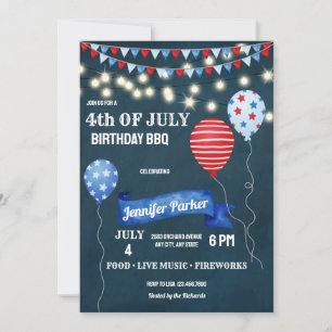 Red White Blue July Fourth   4th of July Birthday Invitation
