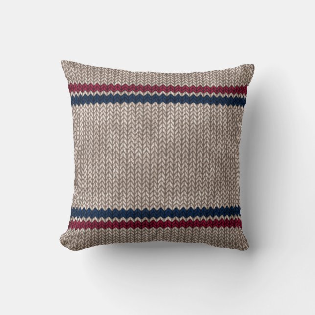 Red White Blue Knit-look Stripe Pattern Throw Pillow (Front)