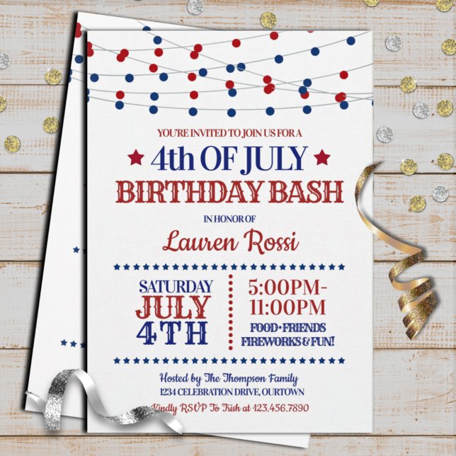 Red, White & Blue Lights 4th of July Birthday Invitation (Creator Uploaded)