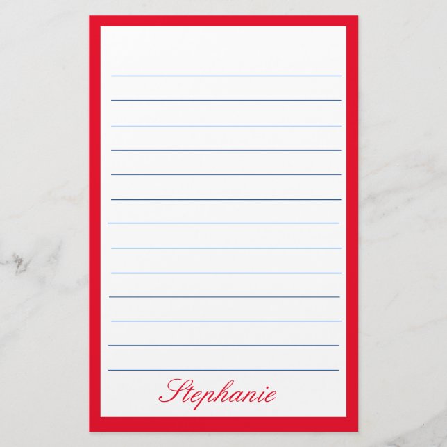 Red White Blue Lines Frames Monogram Names Stationery (Front)