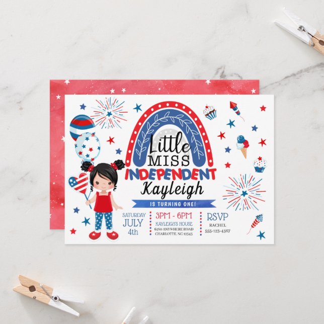 Red White Blue Little Miss Independent Birthday Invitation (Front/Back In Situ)