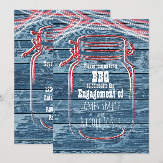 Red White & Blue Mason Jar Rustic Invitations (Front/Back)