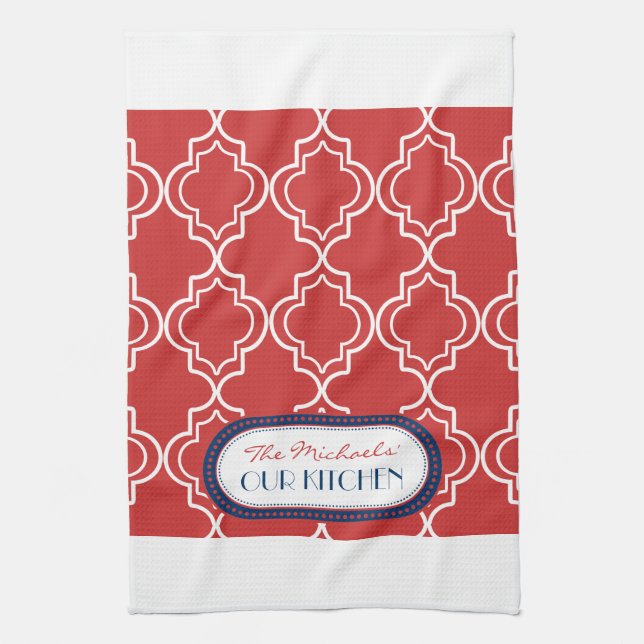 Red White Blue Moroccan Trellis Monogram Kitchen Towel (Vertical)