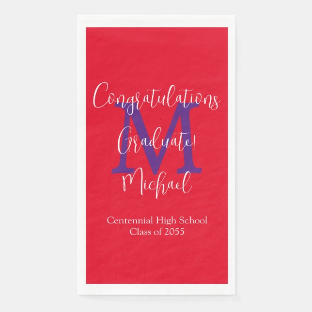 Red White Blue Name Monogram Graduation Napkin (Front)