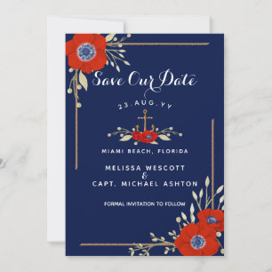 Red White & Blue Nautical Anemone Anchor Wedding Save The Date