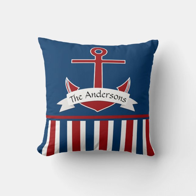 Red White Blue Nautical Design Personalized Anchor Throw Pillow (Front)