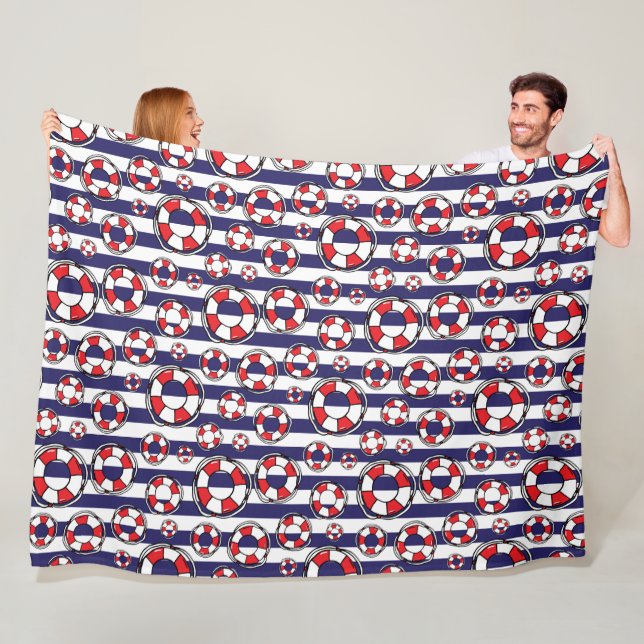 Red White Blue Nautical Lifebuoy Lifebelts Pattern Fleece Blanket (In Situ)