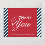 Red White Blue Nautical Stripes Thank You Postcard<br><div class="desc">Red White Blue Nautical Stripes Thank You Postcard 
  Modern red,  white and blue thank you postcard. It has a white and blue diagonal stripes pattern background and a red frame. This is perfect for nautical and ocean themed parties.</div>