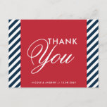 Red White Blue Nautical Stripes Thank You Postcard<br><div class="desc">Red White Blue Nautical Stripes Thank You Postcard 
  Modern red,  white and blue thank you postcard. It has a white and blue diagonal stripes pattern background and a red frame. This is perfect for nautical and ocean themed parties.</div>