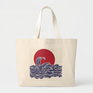 Red, white, & blue ocean sunset & waves large tote bag