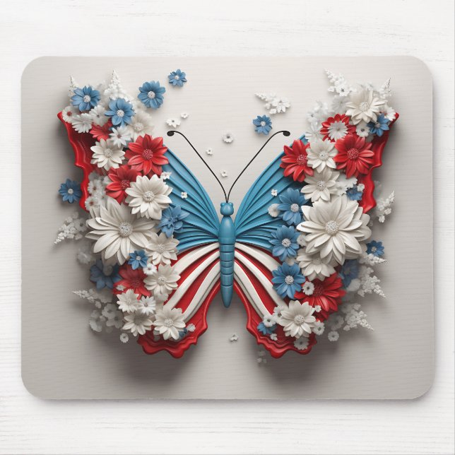 RED WHITE BLUE PATRIOTIC BUTTERFLY & FLOWERS MOUSE PAD (Front)