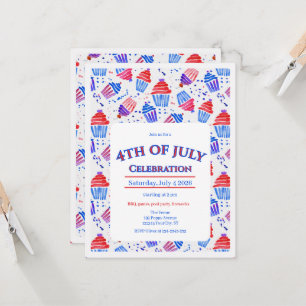 Red white & blue patriotic cupcake 4th of July Invitation