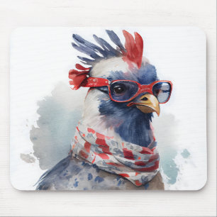 RED WHITE BLUE PATRIOTIC WATERCOLOR CHICKEN MOUSE PAD