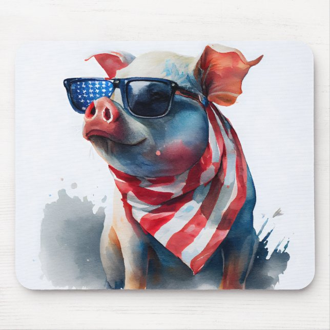 RED WHITE BLUE PATRIOTIC WATERCOLOR PIG MOUSE PAD (Front)