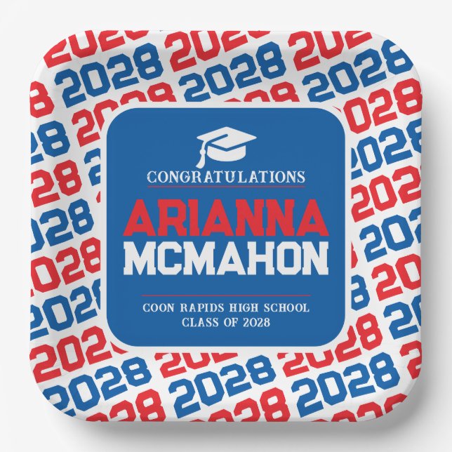 Red, White & Blue Personalized Graduation Pape Paper Plate (Front)